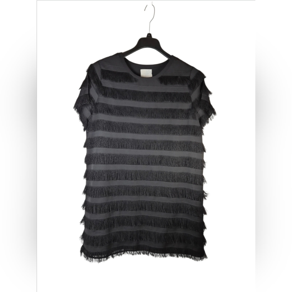Black Fringe Knee-Length Dress Large | Vintage Charm Retro Cocktail Party Night